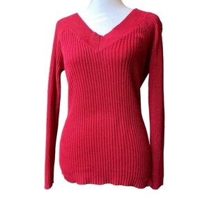 New York & Co woman's M red metallic sheen long sleeve Vneck knit ribbed sweater